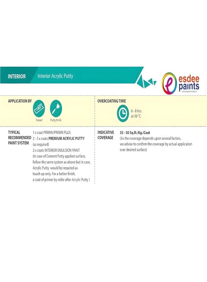 esdee paints معجون أكريليك مرن جاهز للاستخدام من إسدي بينتس، مناسب للجدران الداخلية، يتميز بقوة التصاق ممتازة ولمسة نهائية ناعمة، سهل الاستخدام لجدران المنازل والمكاتب، تغطية عالية، مثالي للشقوق والثقوب (2 كجم) - Image 4